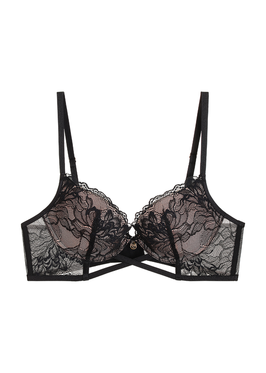 KAREN Plus Black Lace Push-up Underwired Demi Bra with Molded Padded Cup