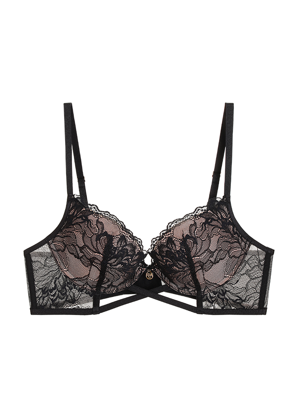 KAREN Black Lace Push-up Underwired Demi Bra with Molded Padded Cup