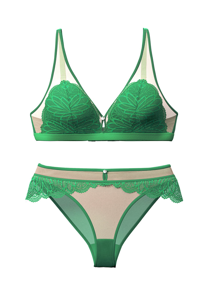 KIRA Green Leaf Pattern Lace Lingerie Set