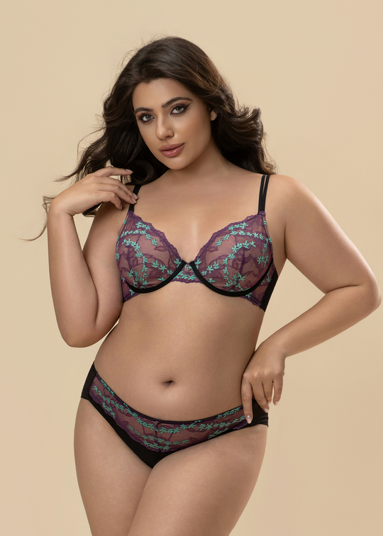 LUCIA Plus Purple Lace Unlined Bra With Floral Pattern