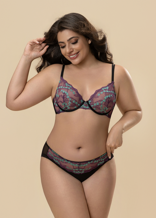 LUCIA Plus Purple Lace Brief Panties With Floral Pattern