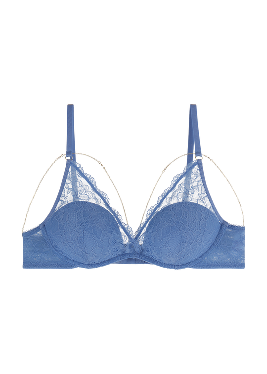 LYDIA Blue Recycled Lace Plunge Push-up Bra with Detachable Metal Chains