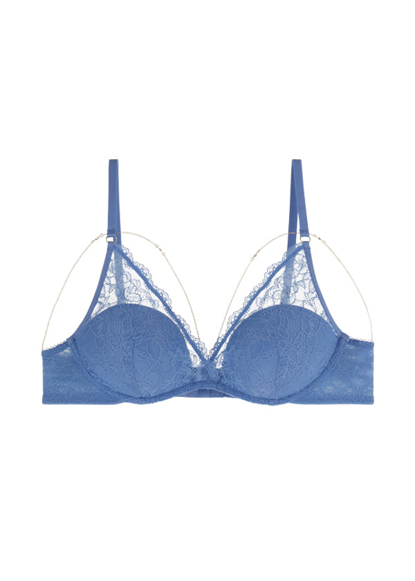 LYDIA Blue Recycled Lace Plunge Bra with Detachable Metal Chains