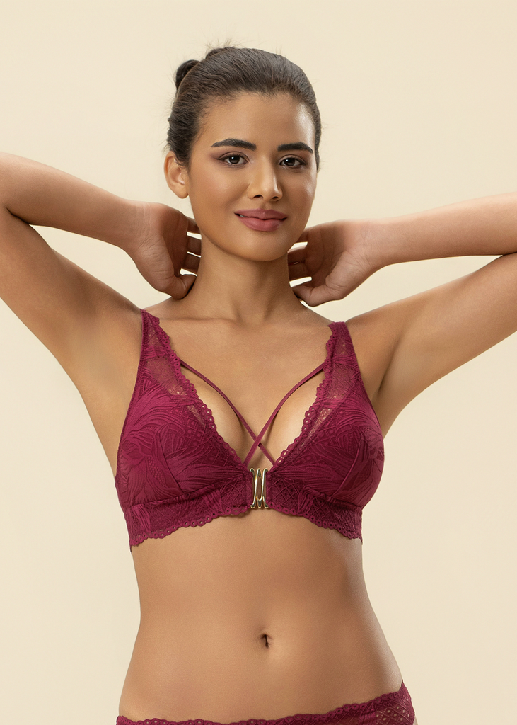 MIRA Back-Closure Red Lace Wireless Bralette Triangle Plunge Bra