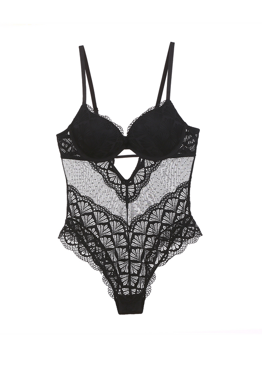 OLIVIA Plus Sexy Push-Up Mesh Black Lace Bodysuit