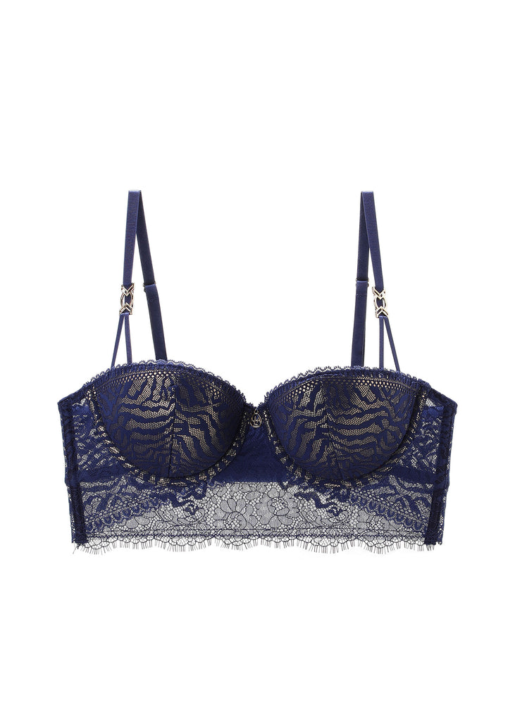 PHYLLIS Blue Push-Up Underwired Molded Cup Long Balconette Demi Bra With Removable Padding