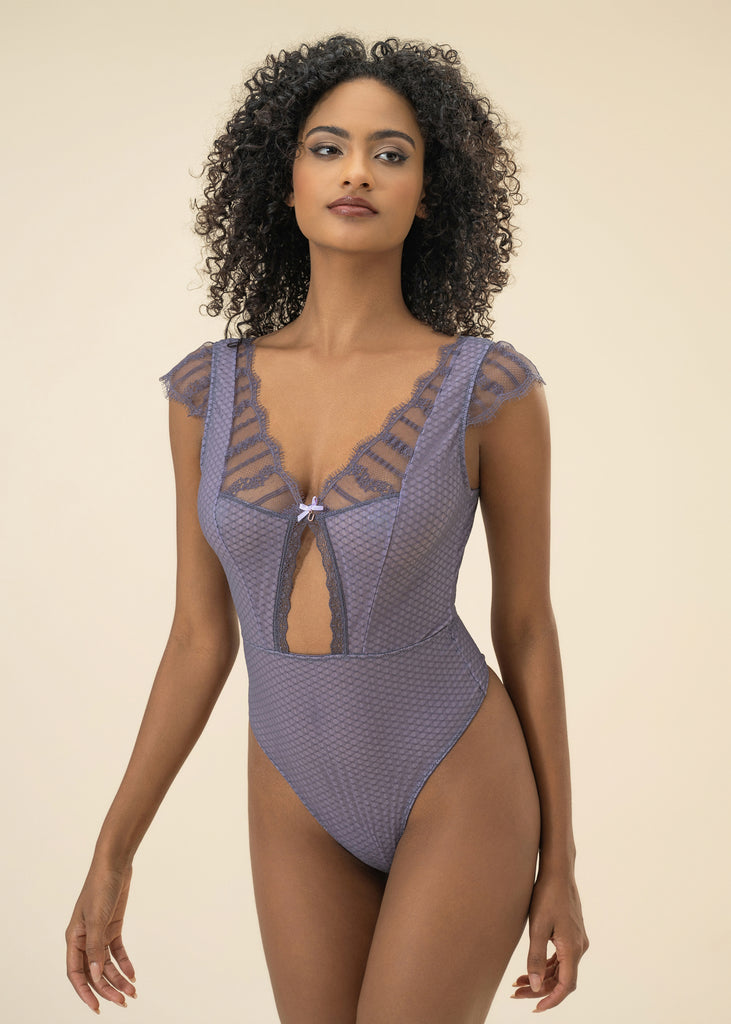 REBECCA Sexy Plunge Purple Lace Bodysuits