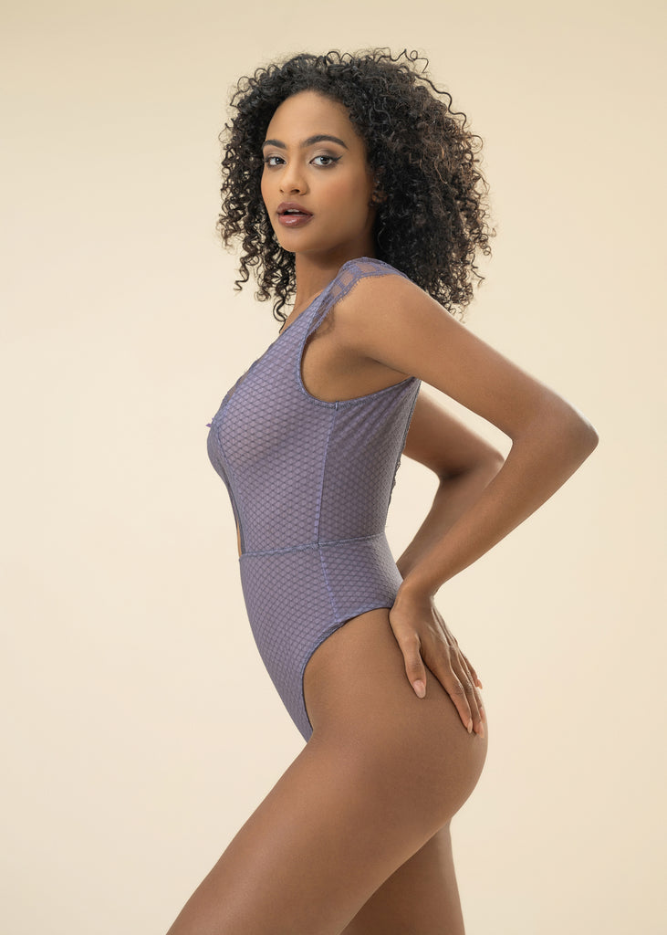 REBECCA Sexy Plunge Purple Lace Bodysuits