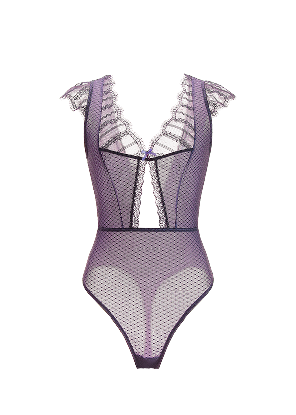 REBECCA Sexy Plunge Purple Lace Bodysuits