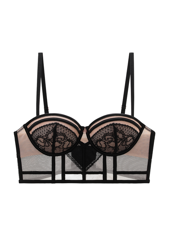 RITA Black Lace Push-Up Underwired Molded cup Balconette Demi Corset Bra With Removable Padding