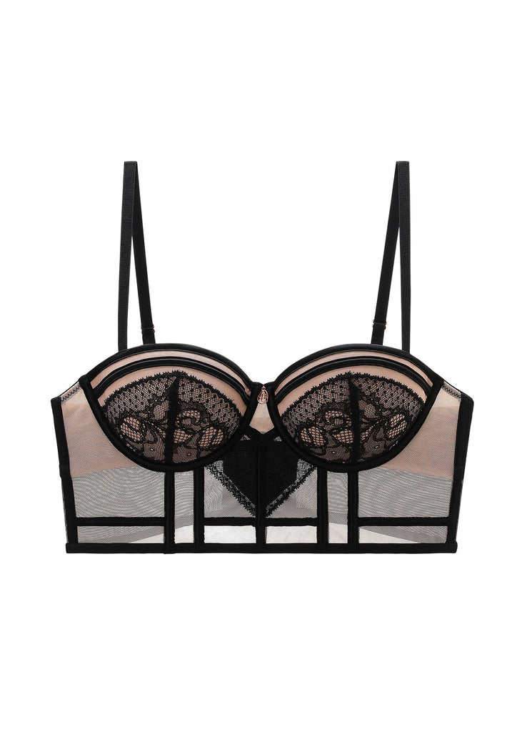 RITA Black Lace Push-Up Underwired Molded cup Balconette Demi Corset Bra With Removable Padding