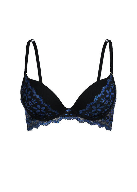 ROSALIE Black Blue Push-Up Underwired Floral Lace Demi Bra