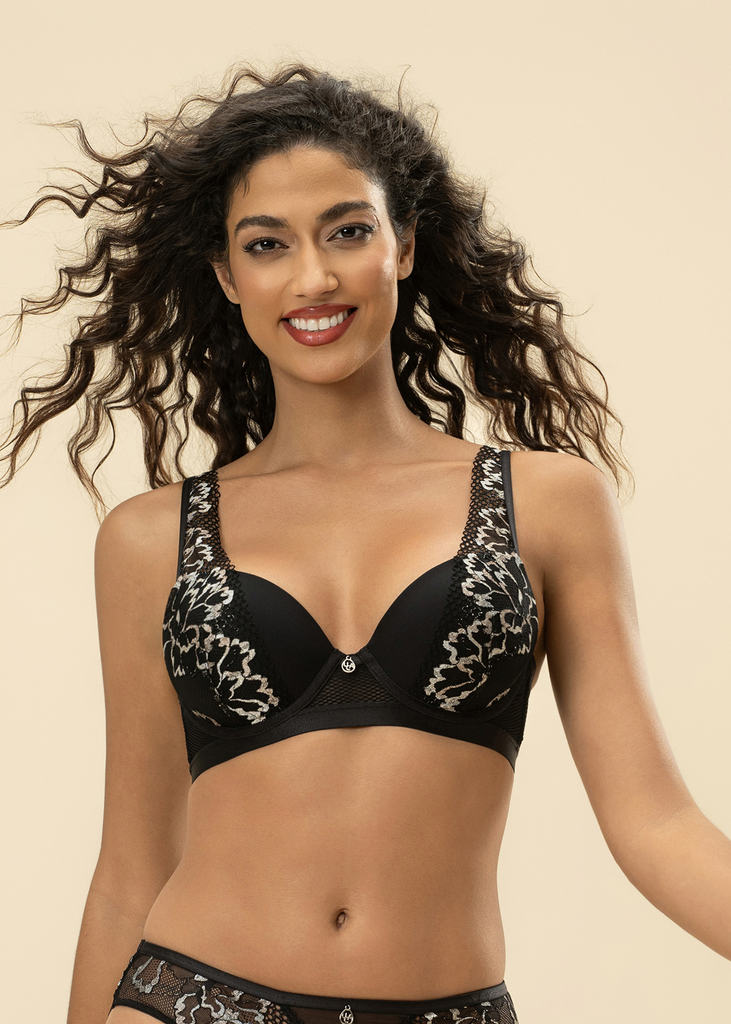 ROWAN Black Metallic Lace Molded Cup Plunge Bra