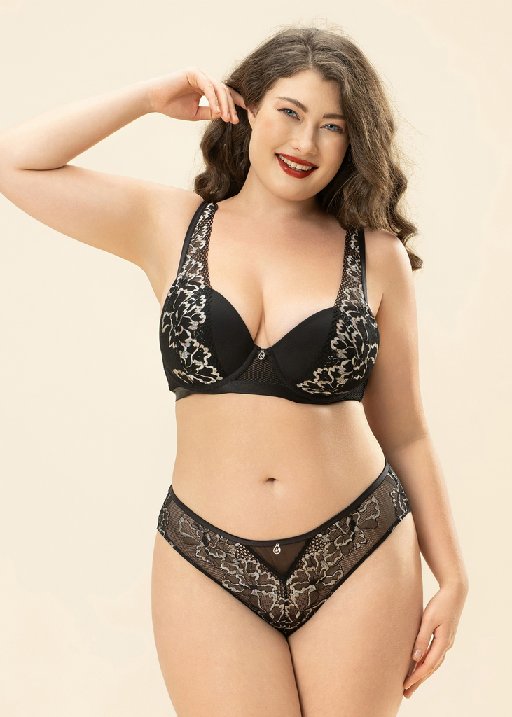 ROWAN Plus Black Metallic Lace Molded Cup Plunge Bra
