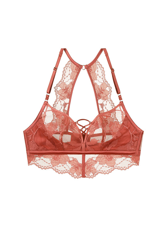 ROXANNE Brick Red Floral Lace Wireless Plunge Racerback Bralette Long Bra