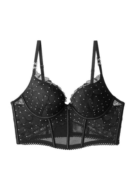 SHARON Sexy Black Lace Push-Up Corset Long Bra with Rhinestones
