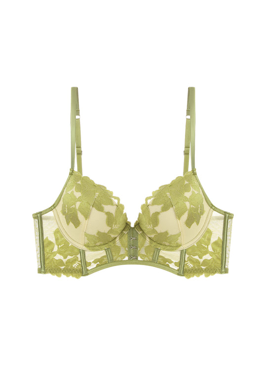 SUSAN Green Floral Lace Wired Molded Cup Demi Long Bra