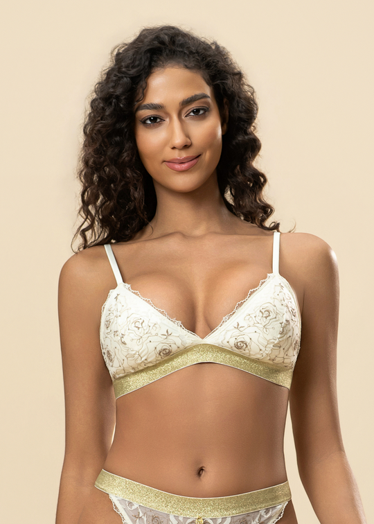 TANSY Embroidery Lace Gold Thread Wireless Triangle Bra