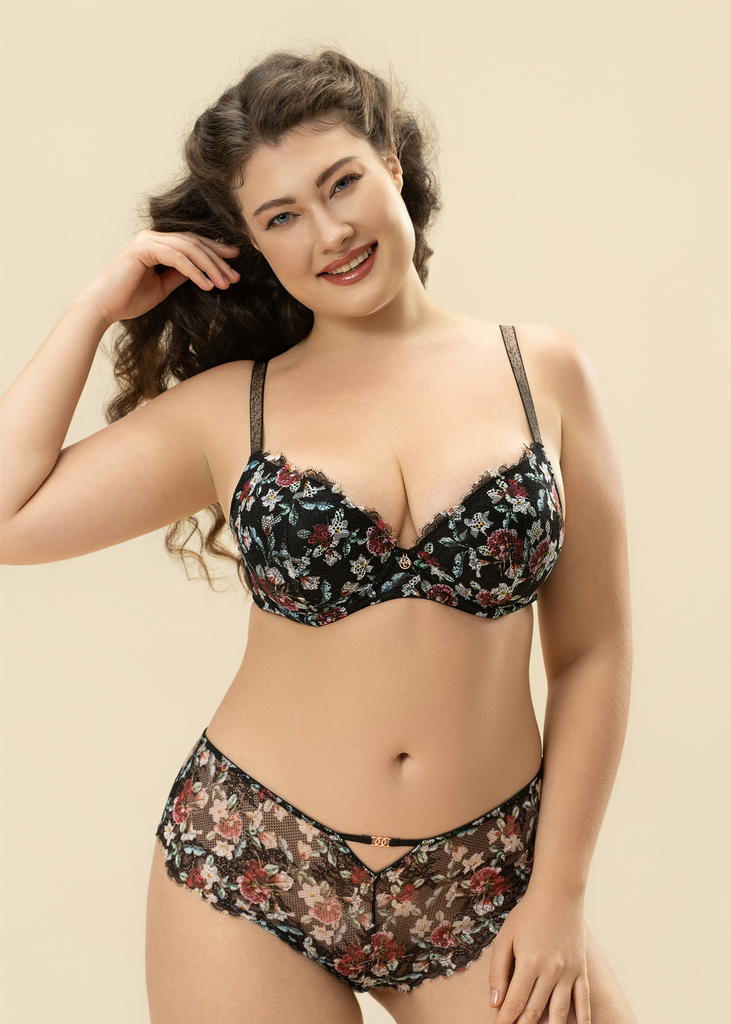 TOVE Plus Black Lace Wired Demi Bra With Vibrant Flowers