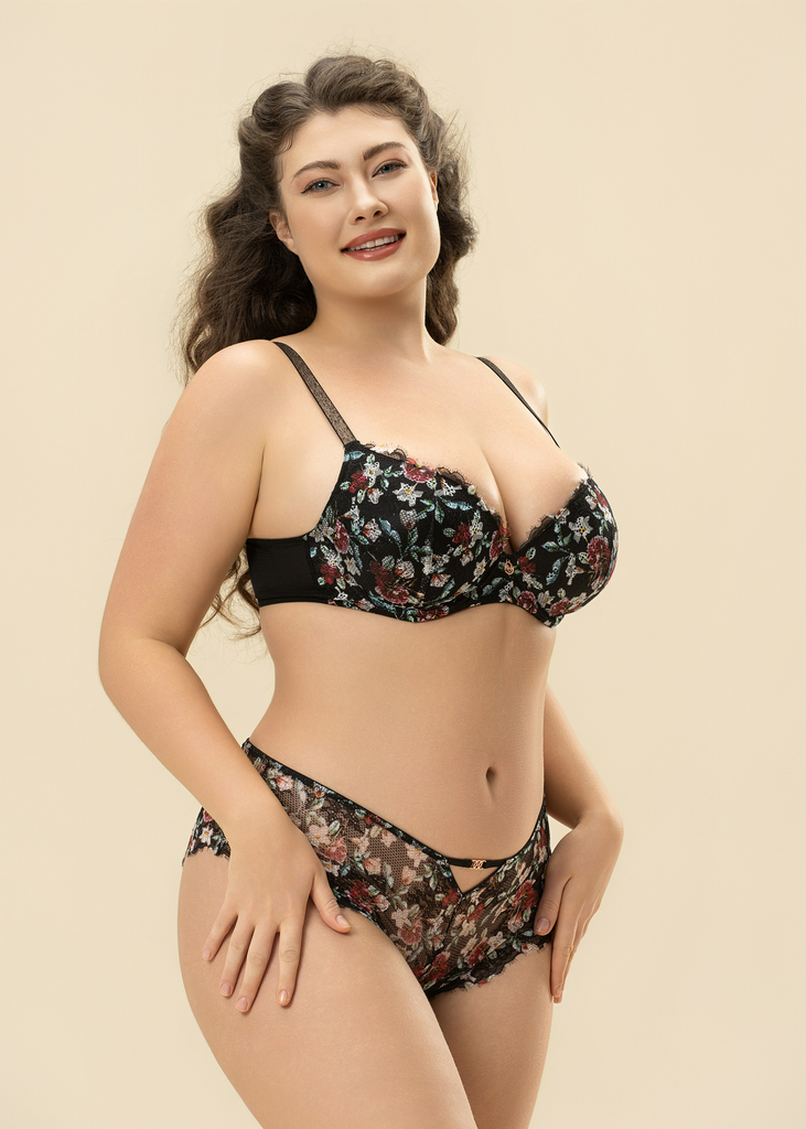 TOVE Plus Black Lace Wired Demi Bra With Vibrant Flowers