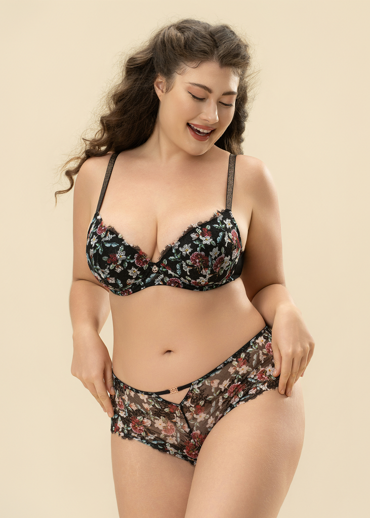 TOVE Plus Black Lace Wired Demi Bra With Vibrant Flowers