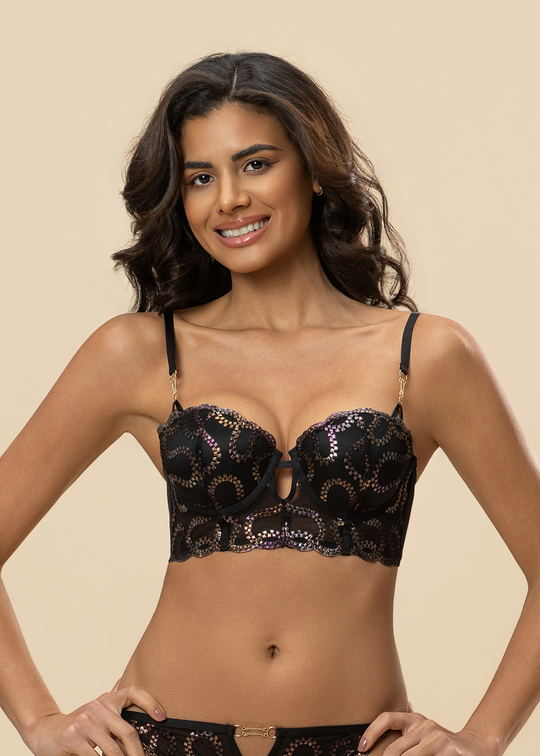 VALE Gold-Foil Embroidery Lace Balconette Wired Long Bra