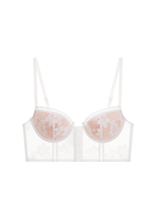 XENA Plus White Floral Lace Underwired Long Bra with Molded Cup