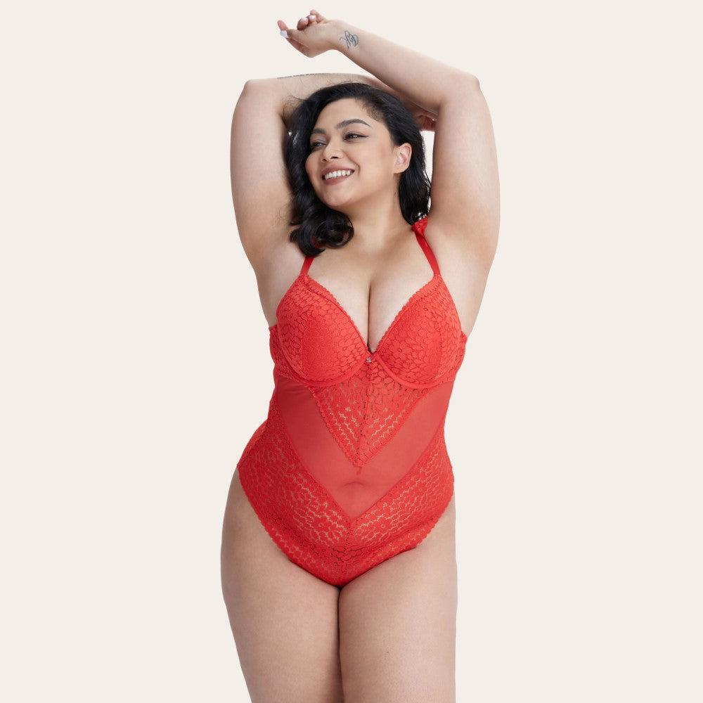 Red Lace Underwired Push Up Bodysuit | New Look
